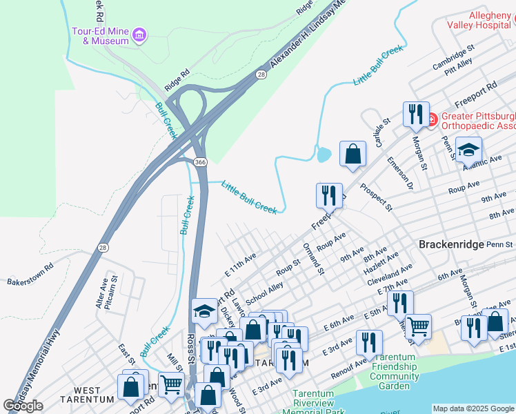 map of restaurants, bars, coffee shops, grocery stores, and more near 137 Pleasant Road in Natrona Heights