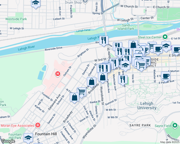 map of restaurants, bars, coffee shops, grocery stores, and more near 432 Cherokee Street in Bethlehem