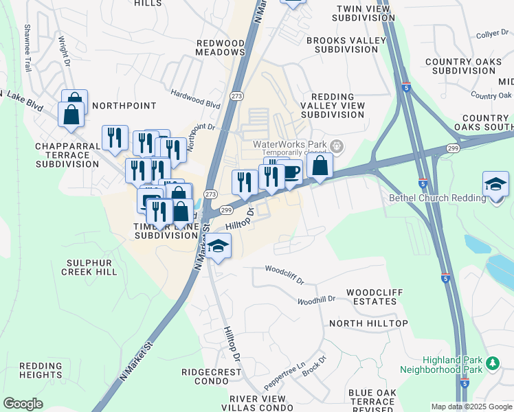 map of restaurants, bars, coffee shops, grocery stores, and more near 25 Hilltop Drive in Redding