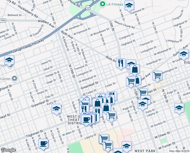 map of restaurants, bars, coffee shops, grocery stores, and more near 1730 West Whitehall Street in Allentown