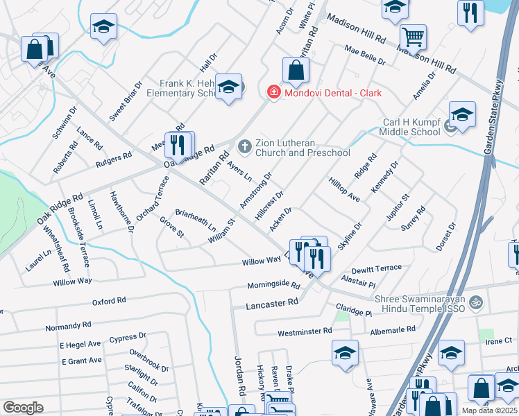 map of restaurants, bars, coffee shops, grocery stores, and more near 8 Hillcrest Drive in Clark