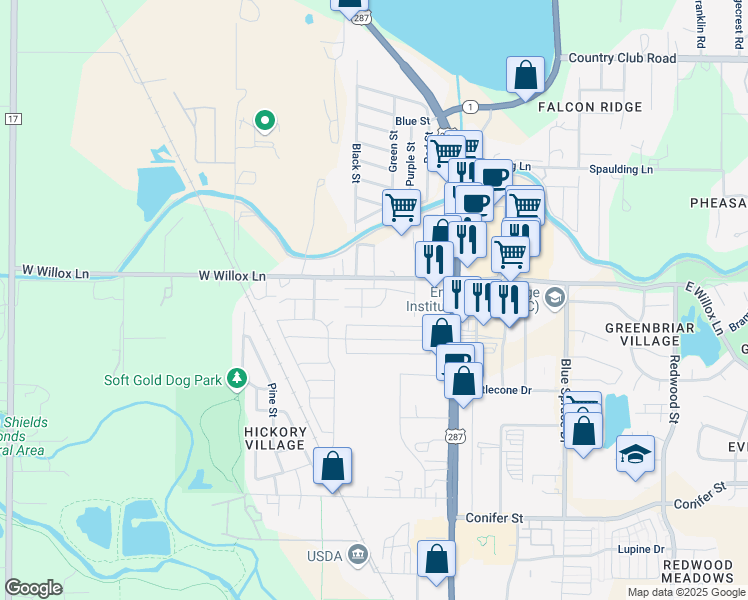 map of restaurants, bars, coffee shops, grocery stores, and more near 233 Urban Prairie Street in Fort Collins