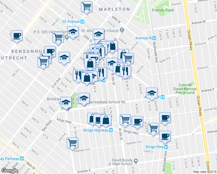map of restaurants, bars, coffee shops, grocery stores, and more near 1535A West 8th Street in Brooklyn