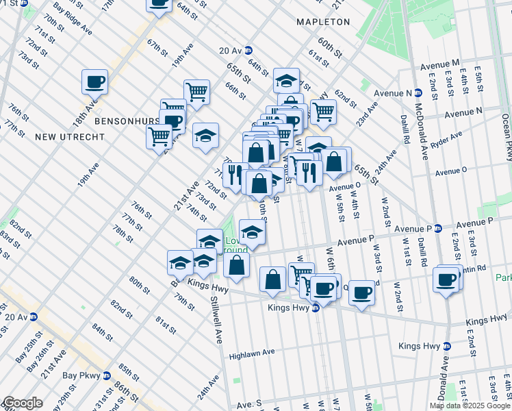 map of restaurants, bars, coffee shops, grocery stores, and more near 1527 West 11th Street in Brooklyn