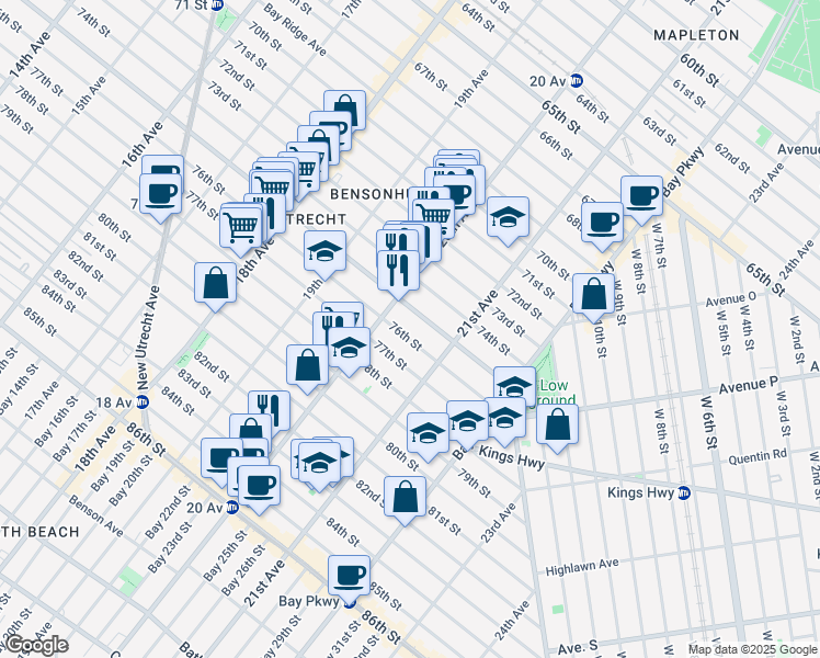 map of restaurants, bars, coffee shops, grocery stores, and more near 2027 77th Street in Brooklyn