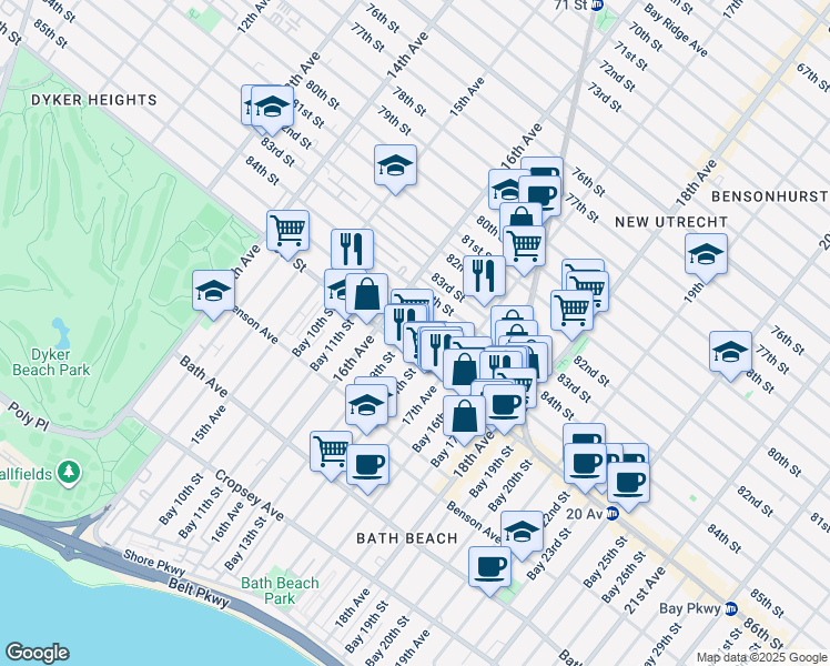 map of restaurants, bars, coffee shops, grocery stores, and more near 1663 86th Street in Brooklyn