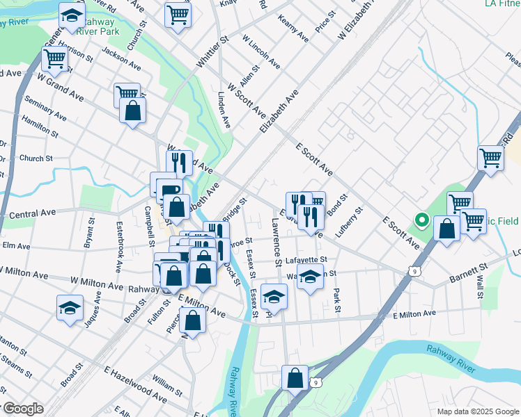map of restaurants, bars, coffee shops, grocery stores, and more near 1727 Essex Street in Rahway