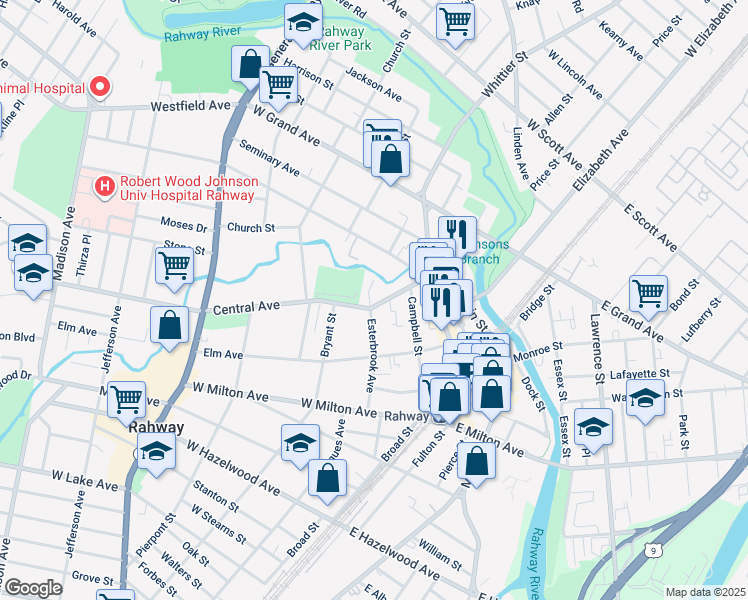 map of restaurants, bars, coffee shops, grocery stores, and more near 312 Central Avenue in Rahway