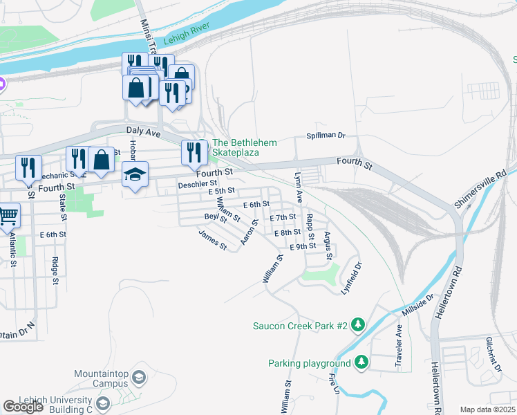 map of restaurants, bars, coffee shops, grocery stores, and more near 618 Aaron Street in Bethlehem