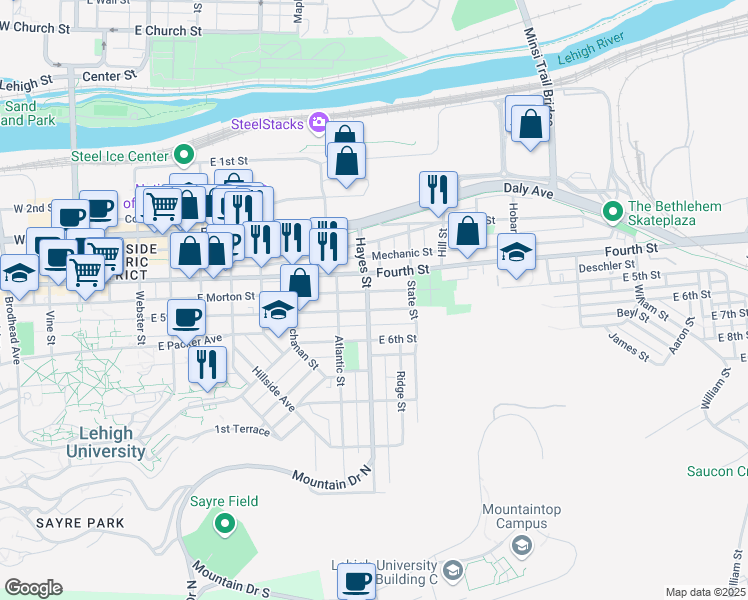 map of restaurants, bars, coffee shops, grocery stores, and more near 836 East 5th Street in Bethlehem