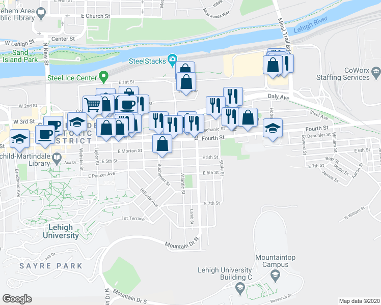 map of restaurants, bars, coffee shops, grocery stores, and more near 836 East 5th Street in Bethlehem