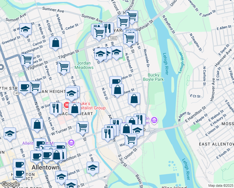 map of restaurants, bars, coffee shops, grocery stores, and more near 246 North 2nd Street in Allentown