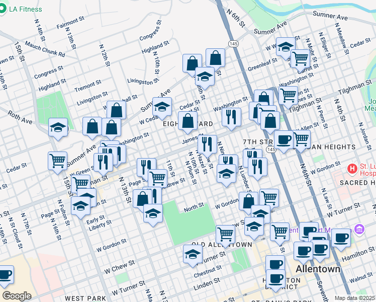 map of restaurants, bars, coffee shops, grocery stores, and more near 639 North Howard Street in Allentown