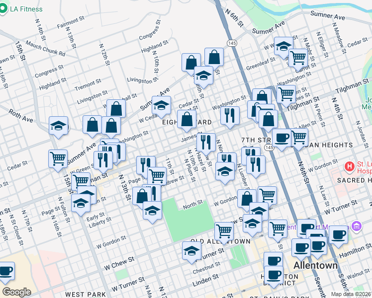 map of restaurants, bars, coffee shops, grocery stores, and more near 639 North Howard Street in Allentown