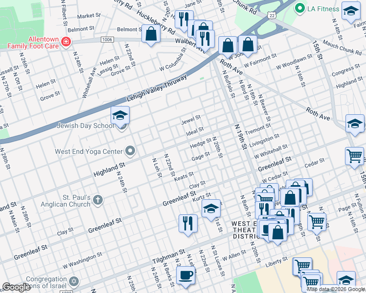 map of restaurants, bars, coffee shops, grocery stores, and more near 1035 North Saint Lucas Street in Allentown
