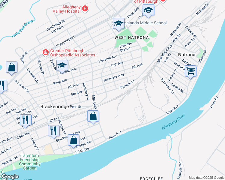 map of restaurants, bars, coffee shops, grocery stores, and more near 1254 Argonne Drive in Natrona Heights