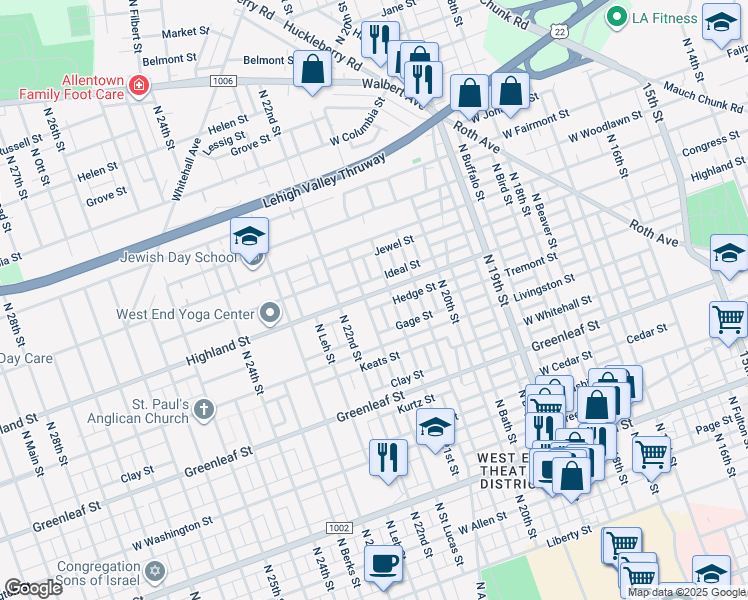 map of restaurants, bars, coffee shops, grocery stores, and more near 2118 West Highland Street in Allentown