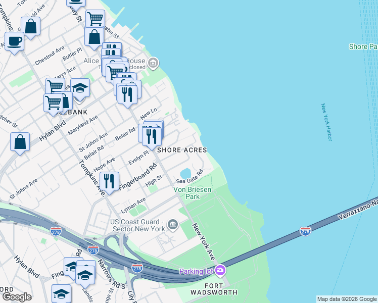 map of restaurants, bars, coffee shops, grocery stores, and more near 34 Sea Gate Road in Staten Island