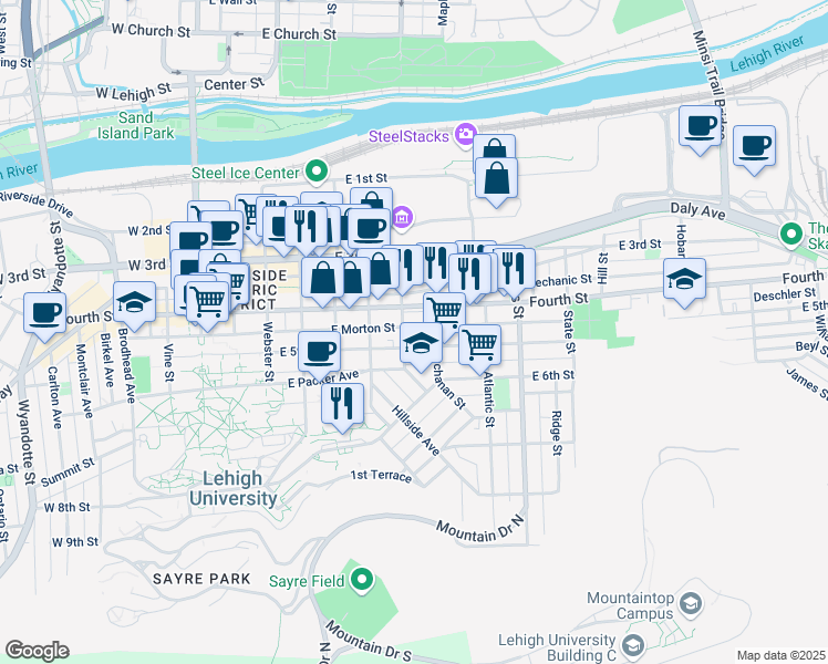 map of restaurants, bars, coffee shops, grocery stores, and more near 612 East Morton Street in Bethlehem