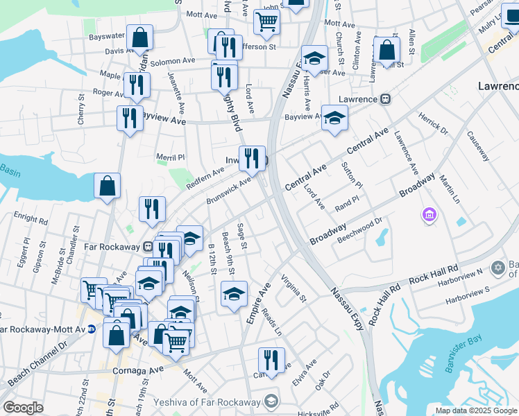 map of restaurants, bars, coffee shops, grocery stores, and more near 8-33 Central Avenue in Queens