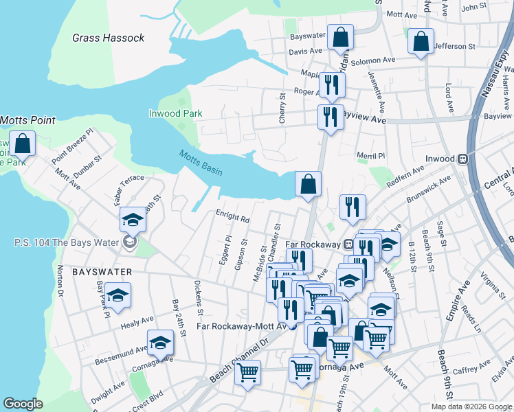 map of restaurants, bars, coffee shops, grocery stores, and more near 14-44 Gipson Street in Queens
