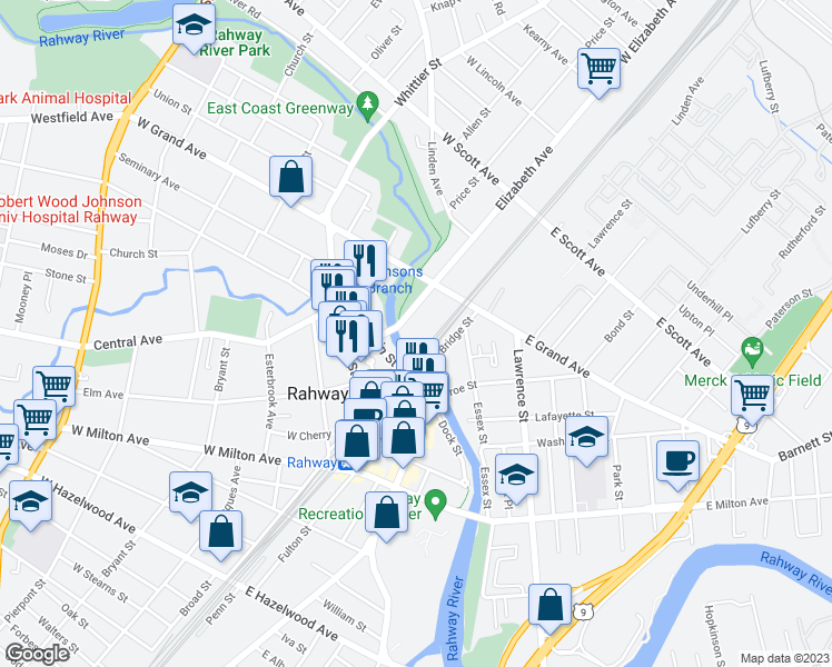 map of restaurants, bars, coffee shops, grocery stores, and more near 1679 Elizabeth Avenue in Rahway