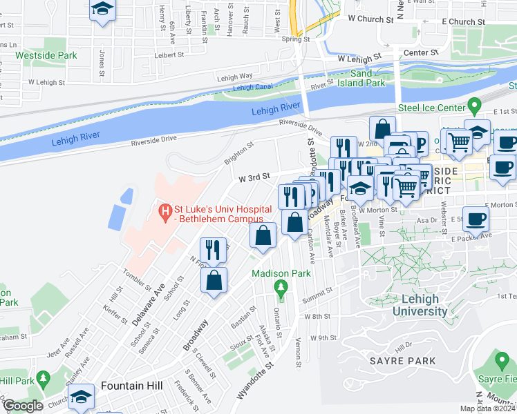 map of restaurants, bars, coffee shops, grocery stores, and more near 432 Cherokee Street in Bethlehem