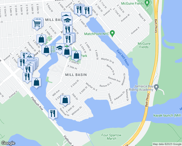 map of restaurants, bars, coffee shops, grocery stores, and more near 2513 East 65th Street in Brooklyn