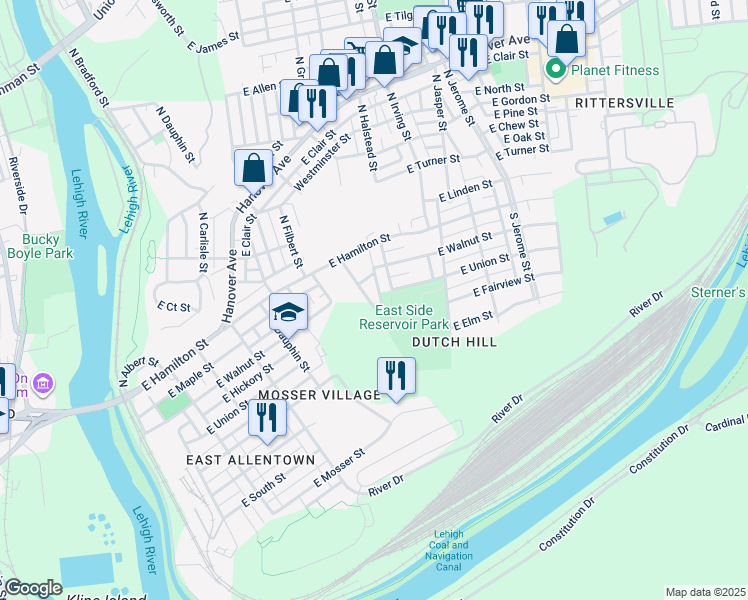 map of restaurants, bars, coffee shops, grocery stores, and more near 701 South Grape Street in Allentown