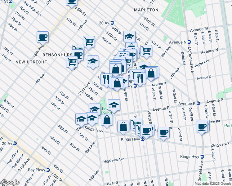 map of restaurants, bars, coffee shops, grocery stores, and more near 24 Avenue O in Brooklyn
