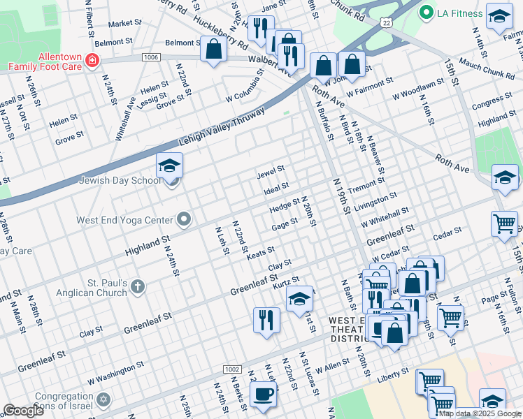 map of restaurants, bars, coffee shops, grocery stores, and more near 2110 West Highland Street in Allentown