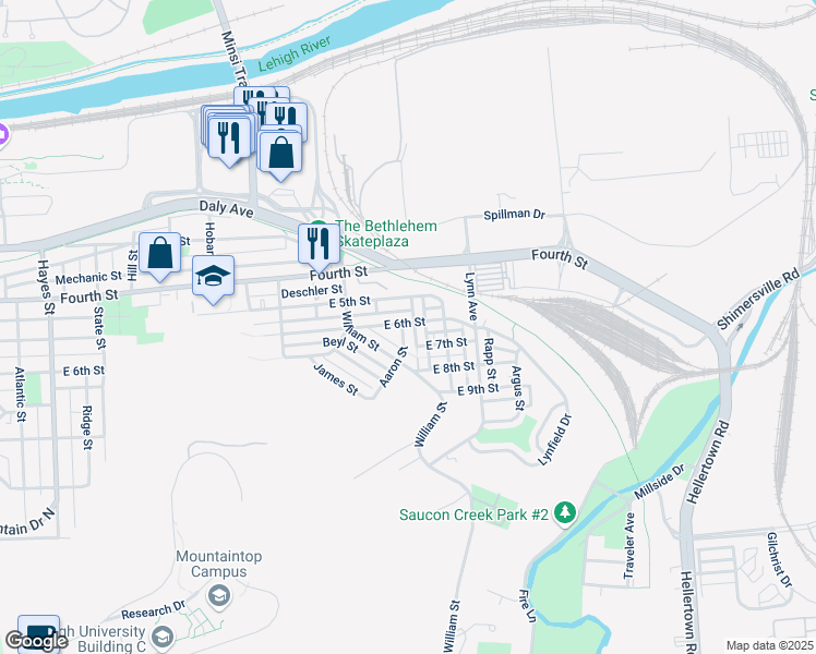 map of restaurants, bars, coffee shops, grocery stores, and more near 601 Aaron Street in Bethlehem