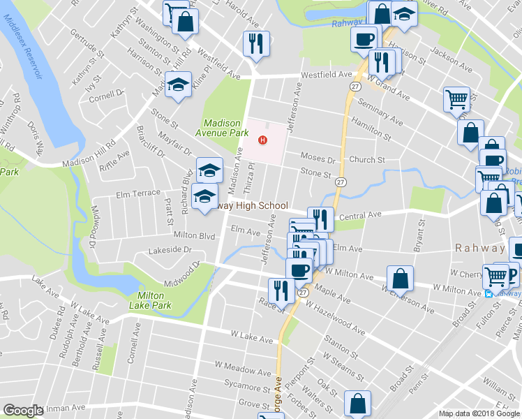 map of restaurants, bars, coffee shops, grocery stores, and more near 766 Central Avenue in Rahway