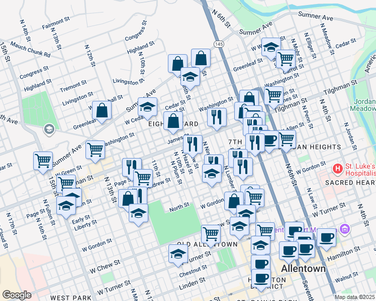 map of restaurants, bars, coffee shops, grocery stores, and more near 627 North Hazel Street in Allentown