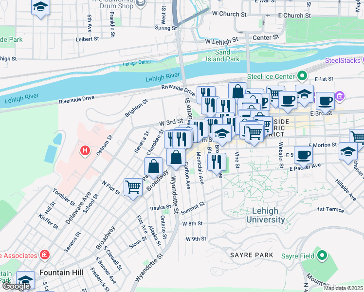 map of restaurants, bars, coffee shops, grocery stores, and more near 409 Wyandotte Street in Bethlehem