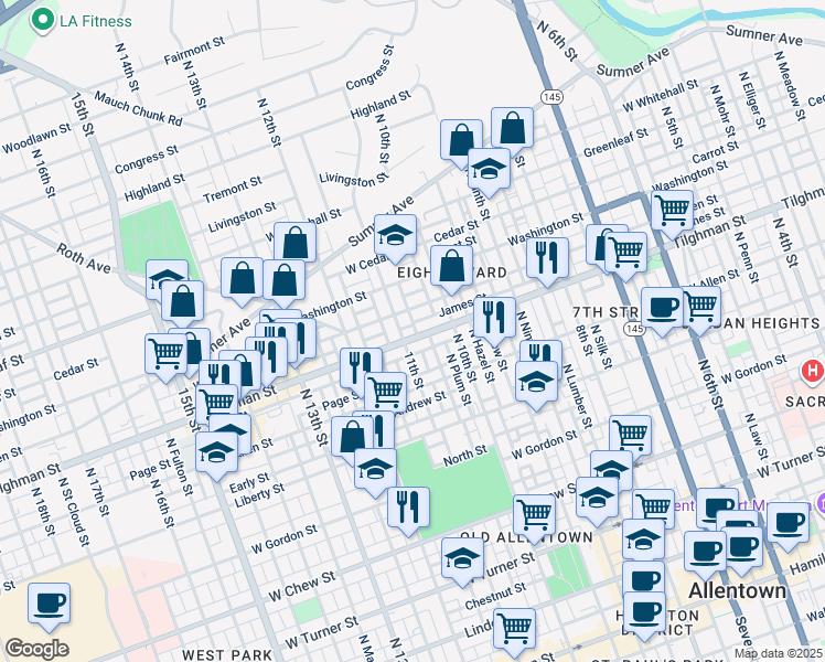 map of restaurants, bars, coffee shops, grocery stores, and more near 1039 West Tilghman Street in Allentown