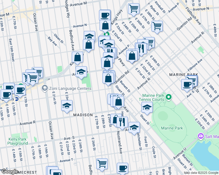 map of restaurants, bars, coffee shops, grocery stores, and more near 3062 Nostrand Avenue in Brooklyn