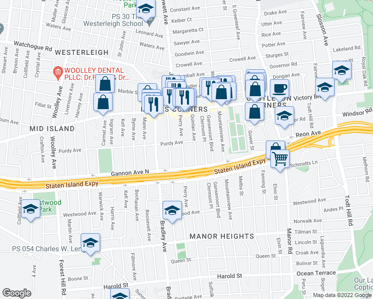 map of restaurants, bars, coffee shops, grocery stores, and more near 112 Perry Avenue in Staten Island