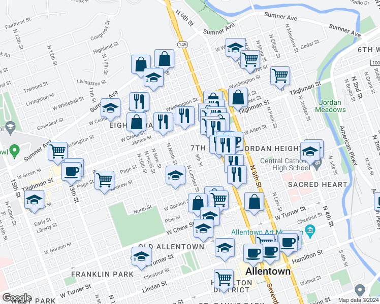 map of restaurants, bars, coffee shops, grocery stores, and more near 811 West Allen Street in Allentown