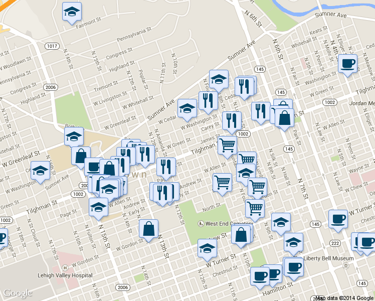 map of restaurants, bars, coffee shops, grocery stores, and more near 1039 West Tilghman Street in Allentown