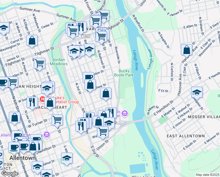 map of restaurants, bars, coffee shops, grocery stores, and more near 233 1/2 North Railroad Street in Allentown
