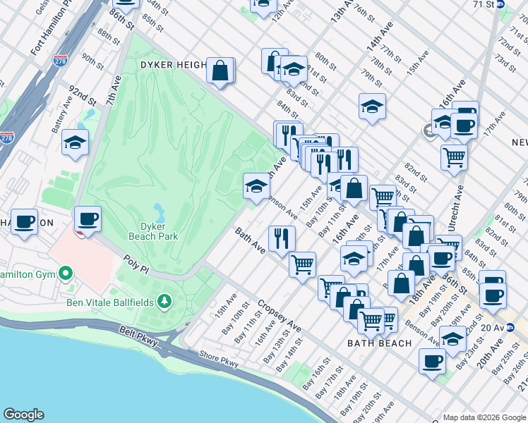 map of restaurants, bars, coffee shops, grocery stores, and more near 122 Bay 8th Street in Brooklyn