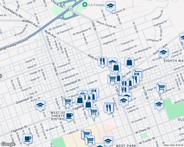 map of restaurants, bars, coffee shops, grocery stores, and more near 1608 Greenleaf Street in Allentown