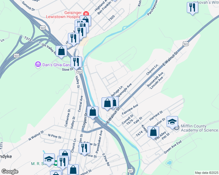 map of restaurants, bars, coffee shops, grocery stores, and more near 123 Spring Street in Lewistown