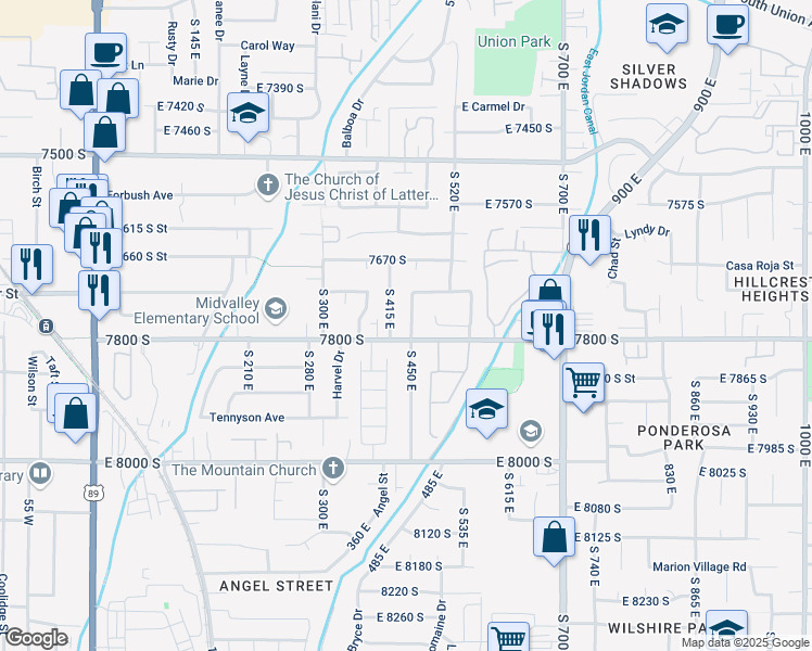 map of restaurants, bars, coffee shops, grocery stores, and more near 7776 Unionwood Drive in Sandy