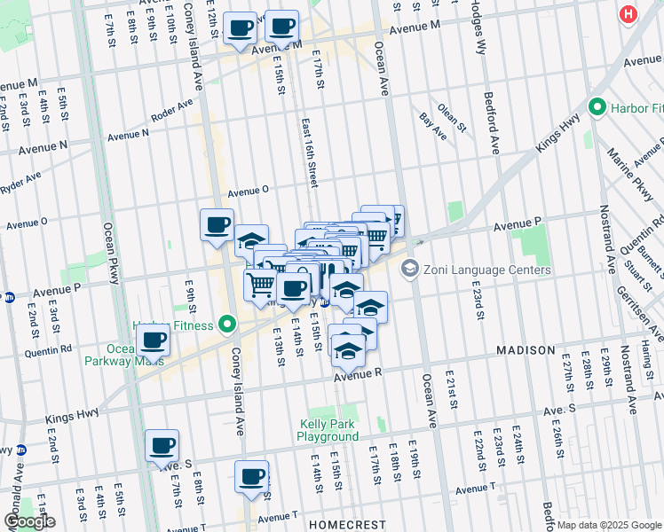 map of restaurants, bars, coffee shops, grocery stores, and more near 1522-1526 Kings Highway in Brooklyn