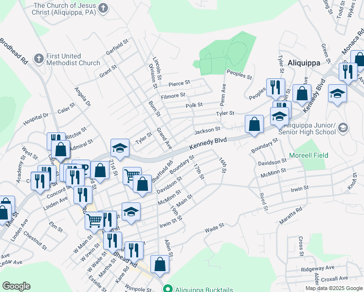 map of restaurants, bars, coffee shops, grocery stores, and more near 1719 Jackson Street in Aliquippa