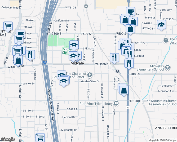 map of restaurants, bars, coffee shops, grocery stores, and more near 221 75 South in Midvale