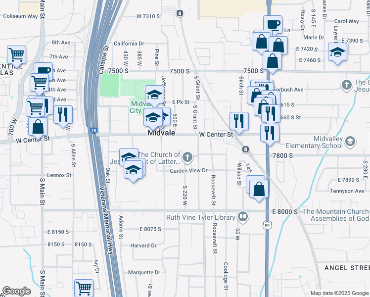 map of restaurants, bars, coffee shops, grocery stores, and more near 221 75 South in Midvale