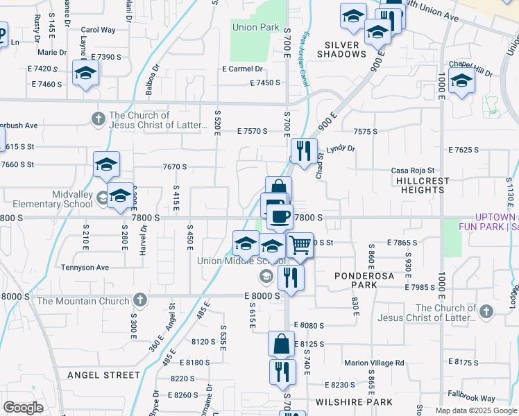 map of restaurants, bars, coffee shops, grocery stores, and more near 611 East 7800 South in Midvale